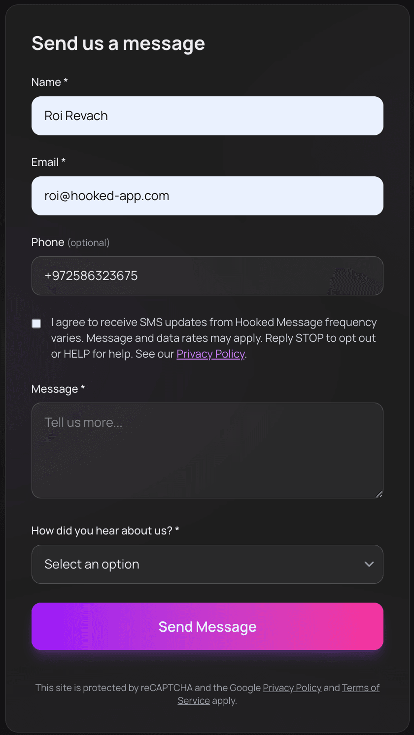 Sample organizer registration page showing an optional phone number field and unchecked SMS consent checkbox with Hooked named as the SMS sender β guests can submit without providing a mobile number
