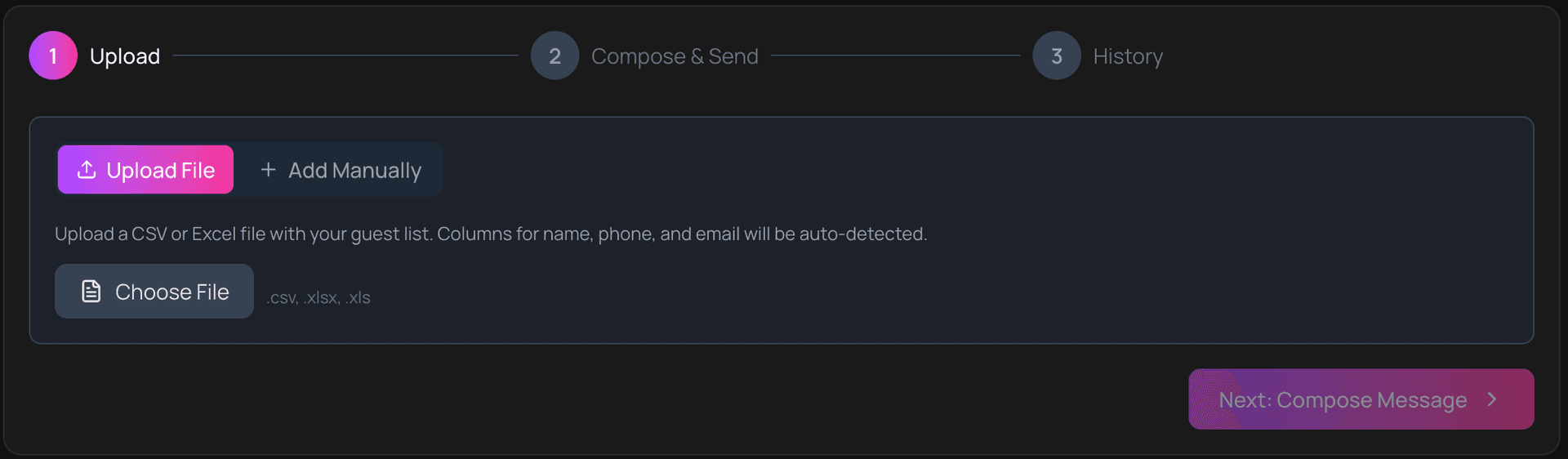 Screenshot of the Hooked admin dashboard showing the contact upload interface where organizers import their guest list via CSV file or manual entry β this screen is only visible to event organizers
