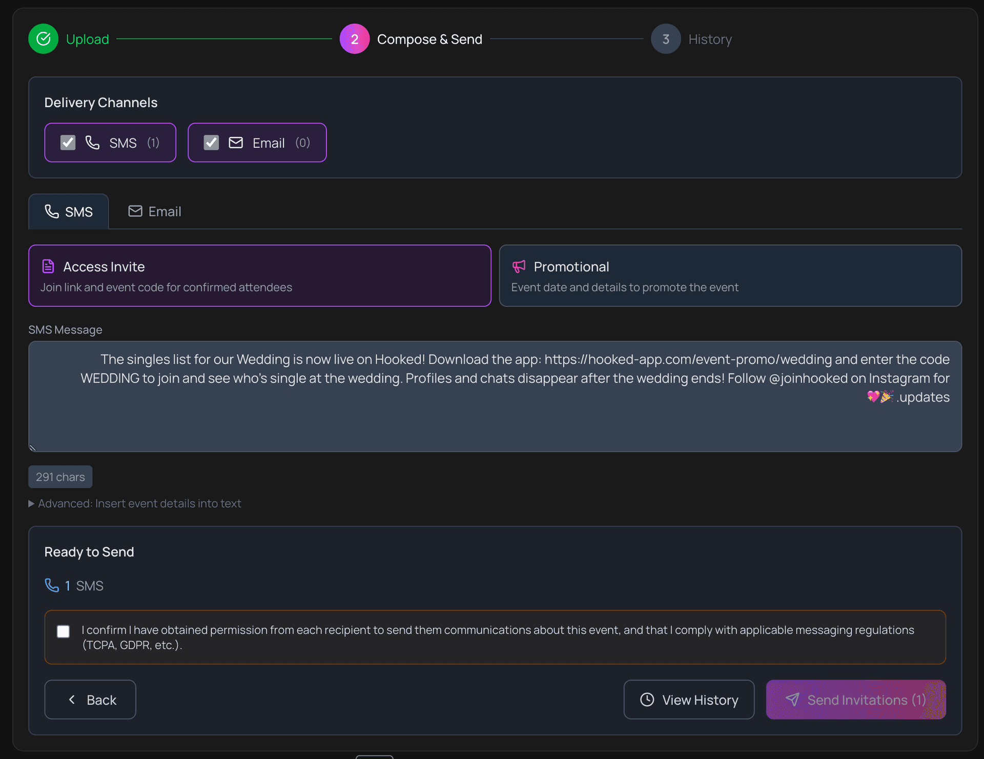 Screenshot of the Hooked admin dashboard Review and Send step showing the mandatory consent attestation checkbox that organizers must check before any SMS is sent β this screen is only visible to event organizers, not end users
